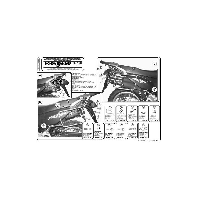 KAPPA STELAŻ KUFRÓW BOCZNYCH MONOKEY HONDA XL 600V TRANSALP `94-99 - RÓWNIEŻ POD KUFRY MONOKEY RETRO-FIT K-VENTURE ALU ORAZ K'MI